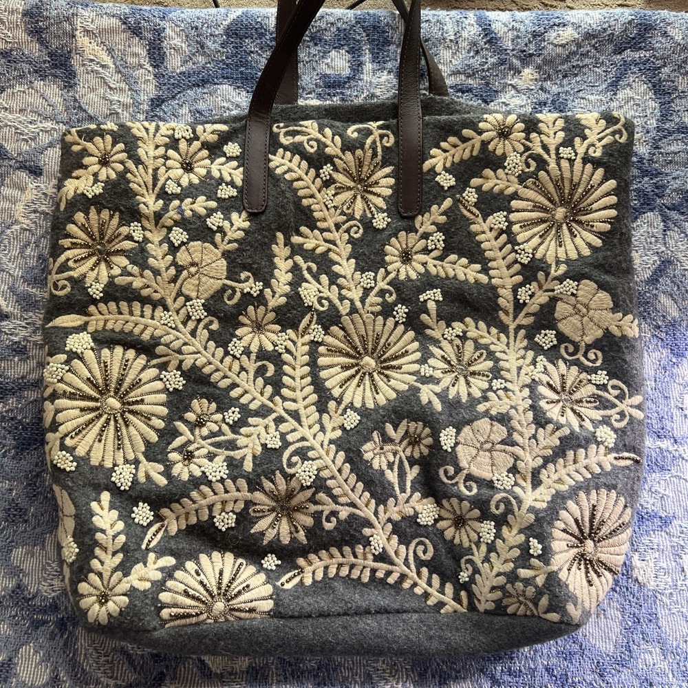 Anthropologie Jasper & Jeera "Paris Years" Beaded Embroidered Tote Bag Grey Wool